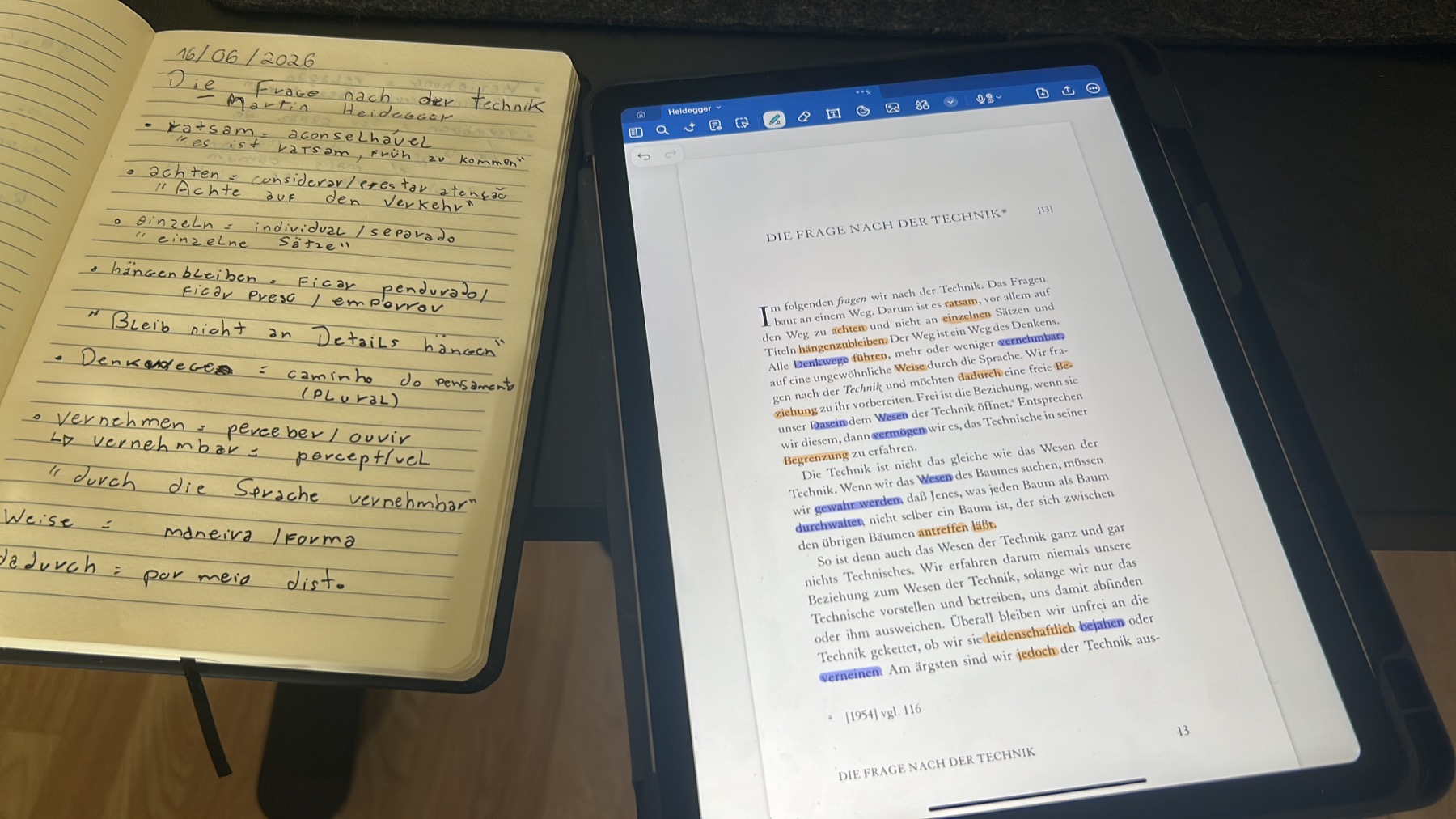 An annotated Heidegger page with yellow vocabulary highlights and purple Heidegger-specific markings